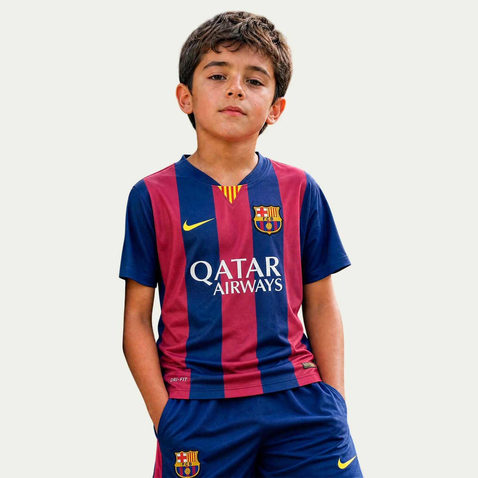 qgk2wikmihadtoq7ehwb Barcelona 2014/15 Home Jersey Kids Kit - Retro Version - Image 1